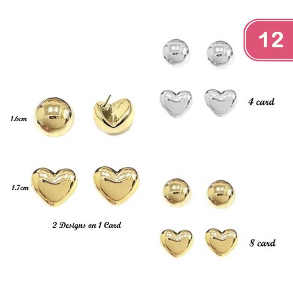 GOLD & SILVER HEART & BALL STUD EARRINGS 2 PAIR SET (12 UNITS)