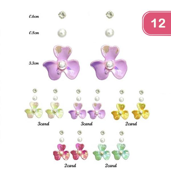 COLORFUL ENAMEL FLOWER EARRINGS 3 PAIR SET (12 UNITS)