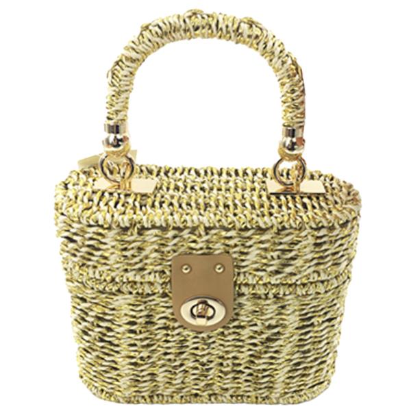 STRAW WOVEN HANDLE TURN LOCK HANDBAG