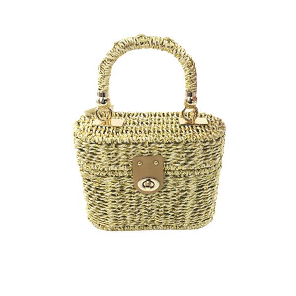 STRAW WOVEN HANDLE TURN LOCK HANDBAG