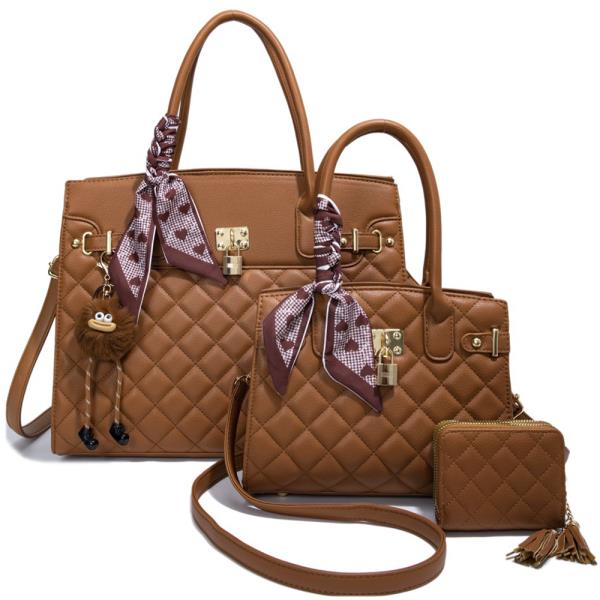 3IN1 QUILTED SCARF SATCHEL W MATCHING BAG AND WALLET SET