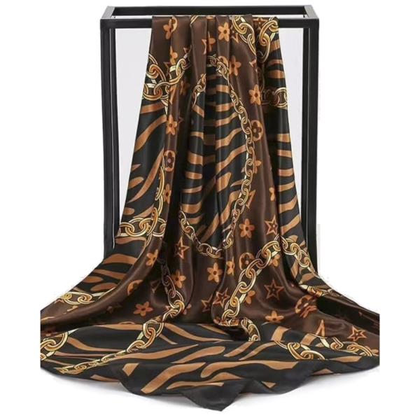 CHAIN & FLORAL PRINT SATIN SILKY BANDANA NECK SCARF