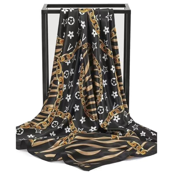 CHAIN & FLORAL PRINT SATIN SILKY BANDANA NECK SCARF