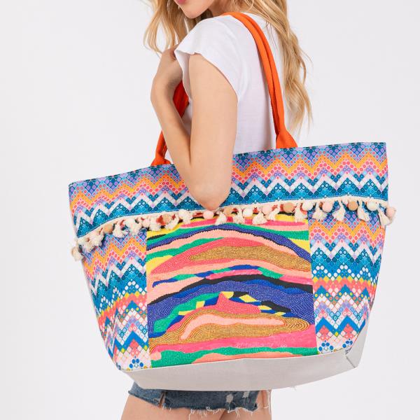 BOHO PRINT POM POM FRINGE TOTE BAG