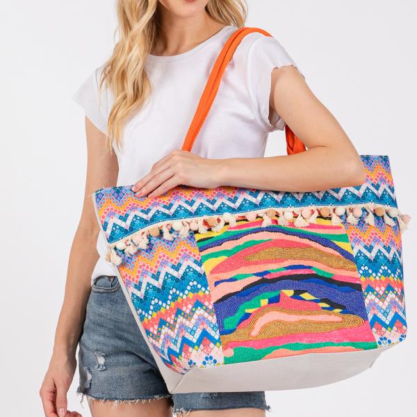 BOHO PRINT POM POM FRINGE TOTE BAG