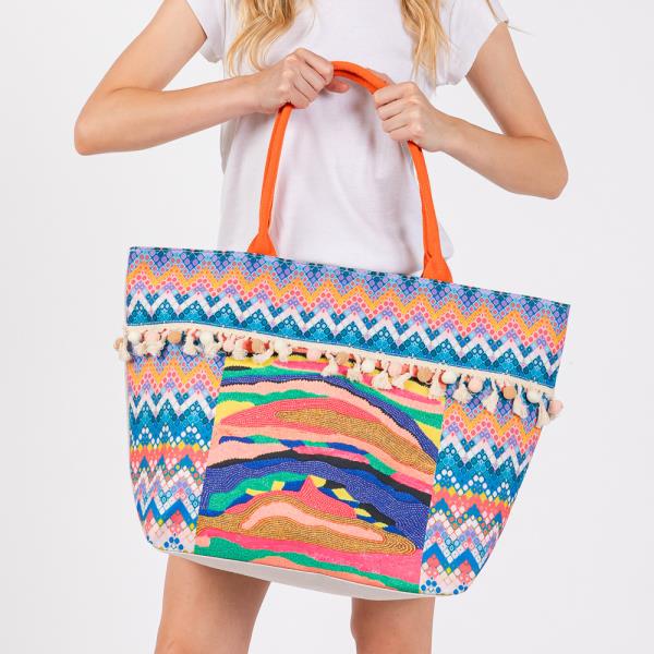 BOHO PRINT POM POM FRINGE TOTE BAG