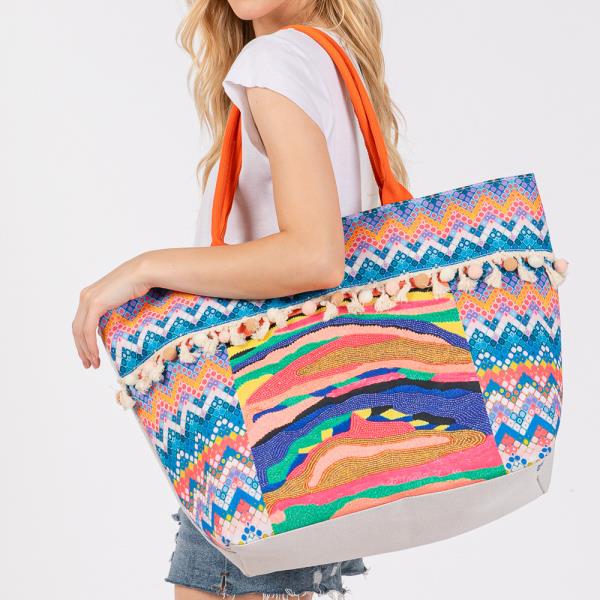 BOHO PRINT POM POM FRINGE TOTE BAG