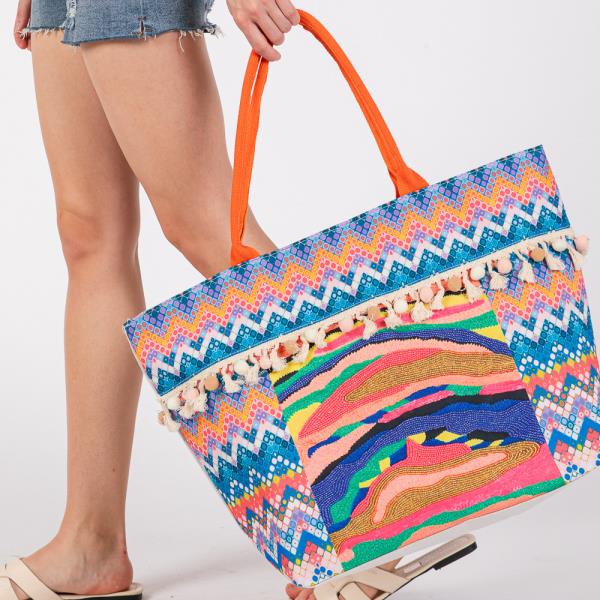 BOHO PRINT POM POM FRINGE TOTE BAG