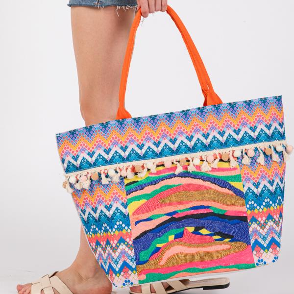 BOHO PRINT POM POM FRINGE TOTE BAG