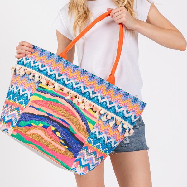 BOHO PRINT POM POM FRINGE TOTE BAG