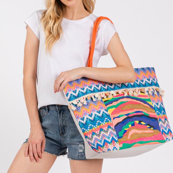 BOHO PRINT POM POM FRINGE TOTE BAG