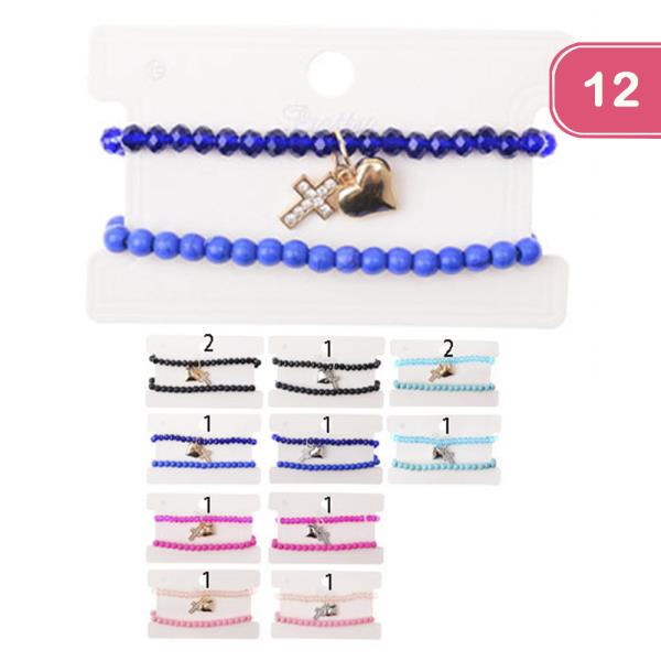 BEAD HEART CROSS CHARM STRETCH BRACELET (12 UNITS)