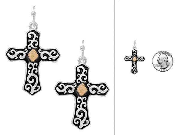 FILIGREE PATTERN CROSS DANGLE EARRING