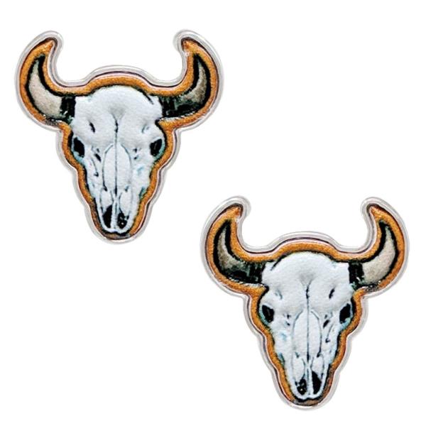 WESTERN STYLE CATTLE HEAD TOOLED LEATHER DANGLE EARRING