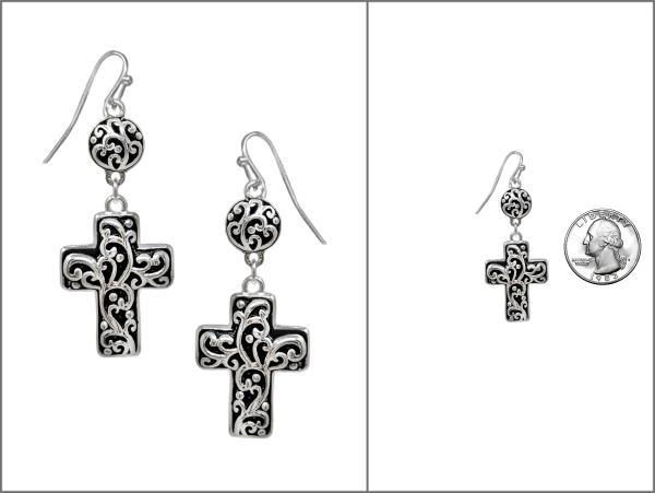 FILIGREE PATTERN CROSS DANGLE EARRING