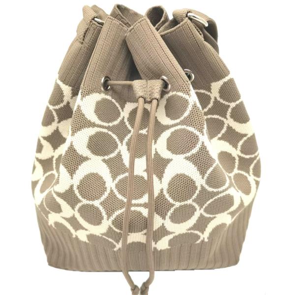 KNIT DRAWSTRING BUCKET BAG WITH CIRCLE PATTERN DESIGN