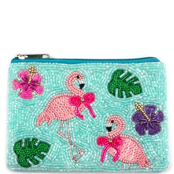 FLAMINGO & HAWAIIAN FLOWER BEADED POUCH