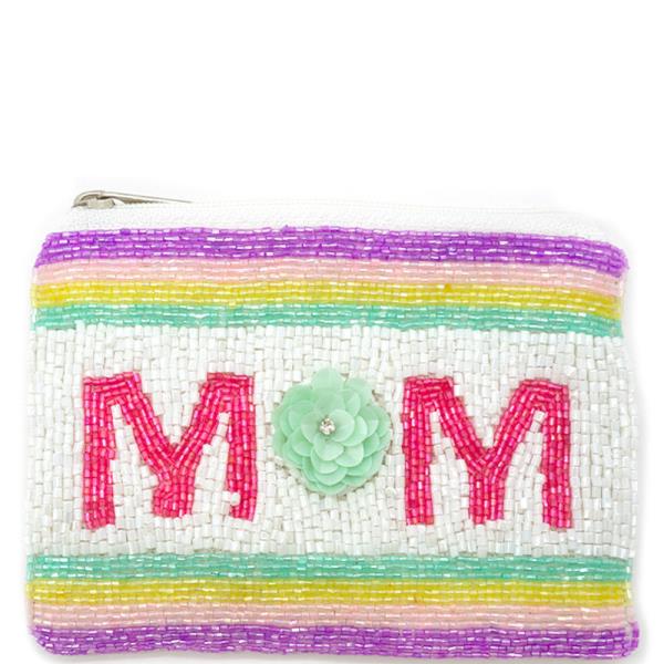 SEED BEADED COIN PURSE WITH MOM TEXT & FLOWER