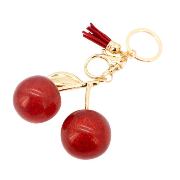 DARK RED GLITTER CHERRY KEYCHAIN WITH GOLD TASSEL