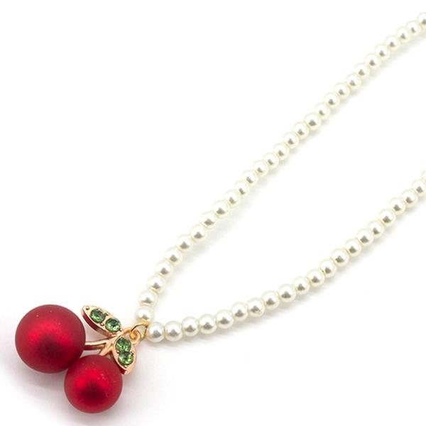 PEARL NECKLACE WITH MATTE RED CHERRY PENDANT