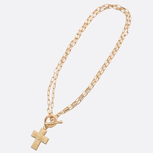 CROSS PENDANT OVAL LINK TOGGLE CLASP METAL NECKLACE