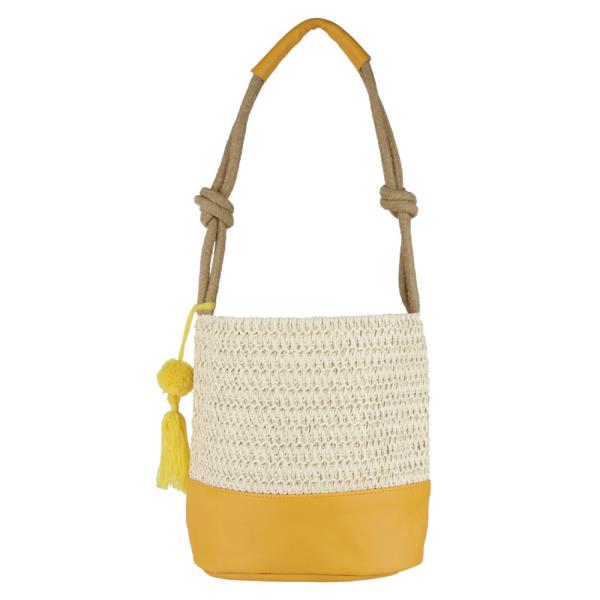 (ONLINE ONLY) PU BOTTOM STRAW BUCKET BAG WITH POMPOM TASSEL