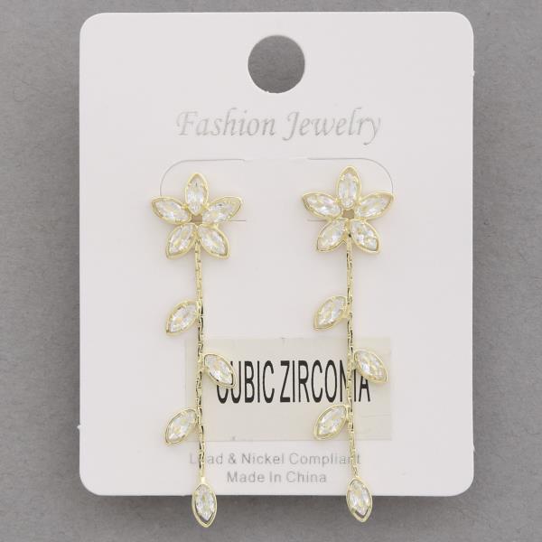 FLOWER LEAF CZ DANGLE EARRING