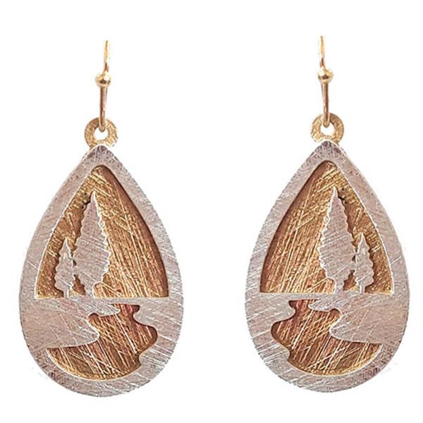 TEXTURED METAL TEARDROP FOREST SCENERY DANGLE HOOK EARRINGS