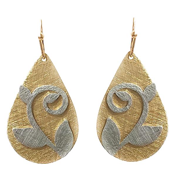 TEXTURED METAL TEARDROP FLORAL PATTERN DANGLE HOOK EARRINGS