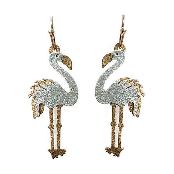 TEXTURED METAL FLAMINGO LAYERED DANGLE HOOK EARRINGS