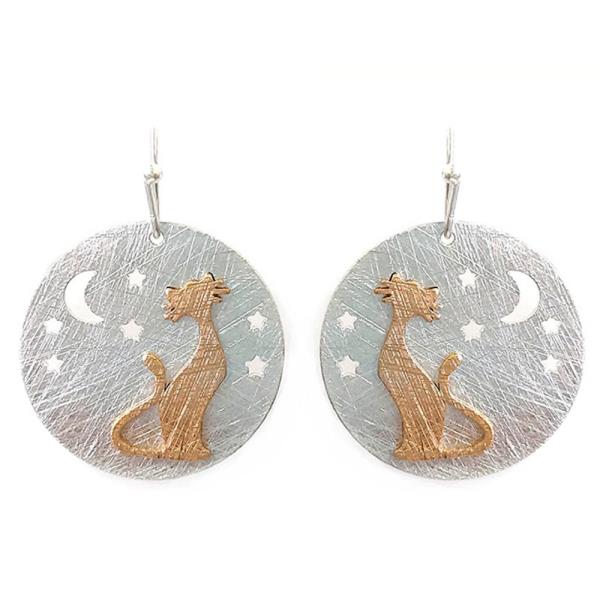 TEXTURED METAL CAT MOON STARS ROUND LAYERED DANGLE HOOK EARRINGS