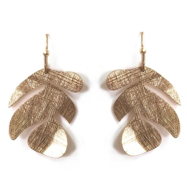 TEXTURED METAL LEAF SHAPE LAYERED DESIGN DANGLE HOOK EARRINGS