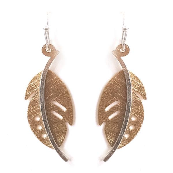 TEXTURED METAL FEATHER CUTOUT LAYERED DESIGN DANGLE HOOK EARRINGS