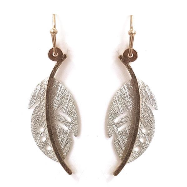 TEXTURED METAL FEATHER CUTOUT LAYERED DESIGN DANGLE HOOK EARRINGS