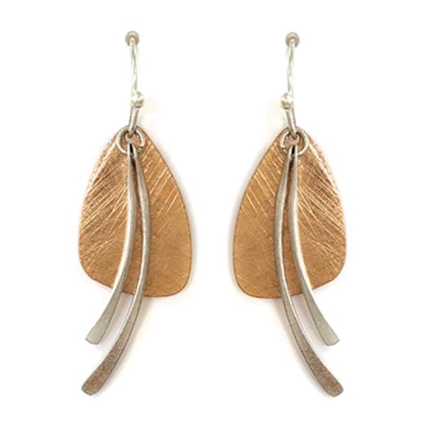 TWO TONE TEXTURED METAL DROP EARRINGS HAMMERED FINISH CURVED STRIPS DANGLE HOOK