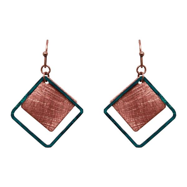 TEXTURED METAL GEOMETRIC EARRINGS LAYERED DIAMOND SHAPE DANGLE HOOK