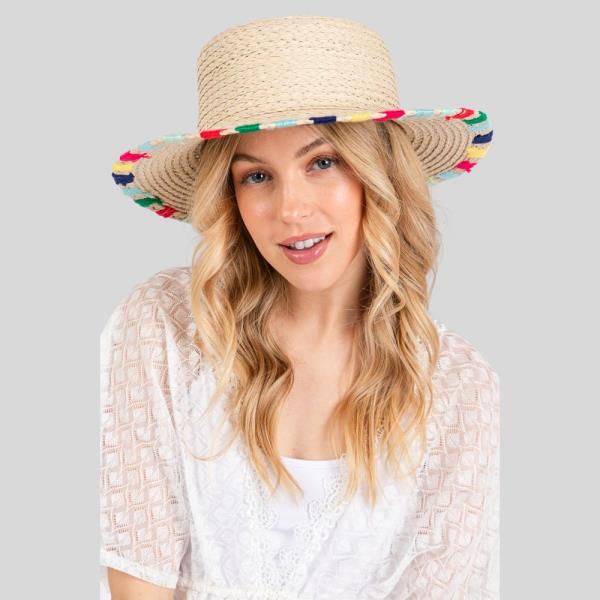 MULTICOLORED WIDE STITCH TRIM STRAW SUN HAT