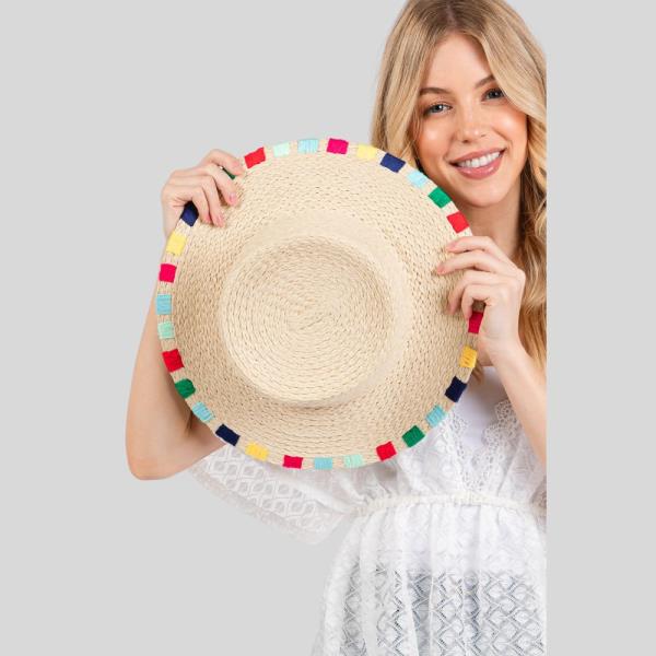 MULTICOLORED WIDE STITCH TRIM STRAW SUN HAT