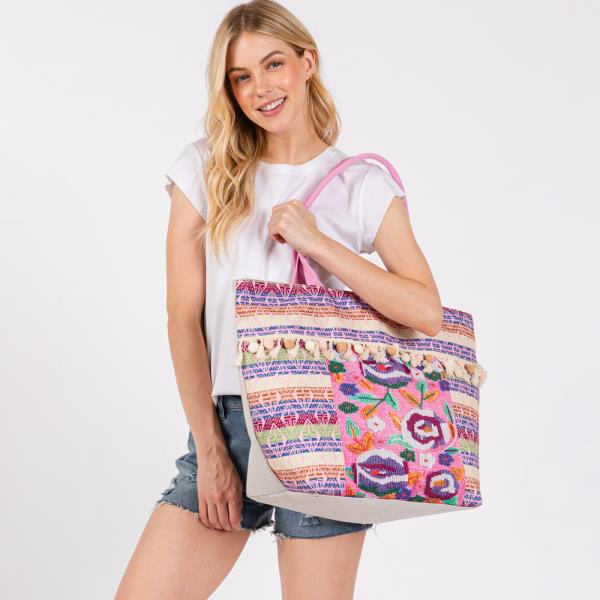 BOHO PRINT POMPOM FRINGE TOTE BAG