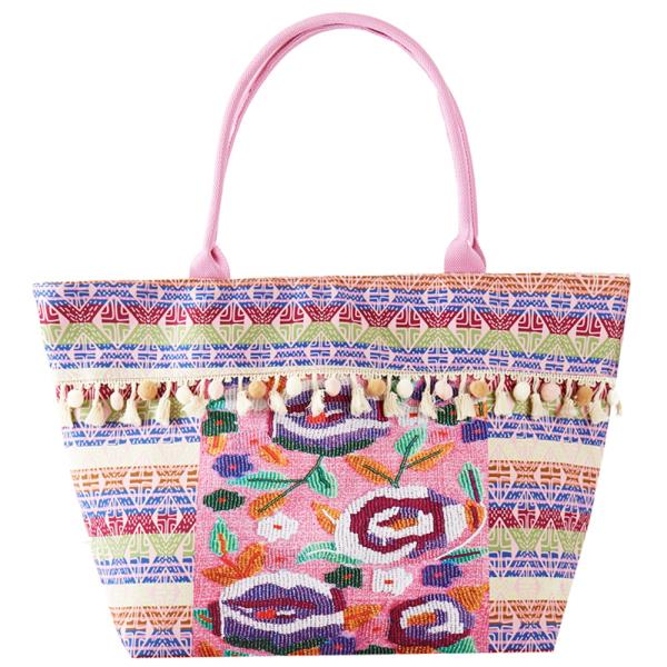 BOHO PRINT POMPOM FRINGE TOTE BAG