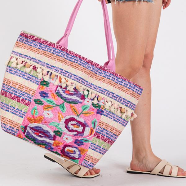 BOHO PRINT POMPOM FRINGE TOTE BAG