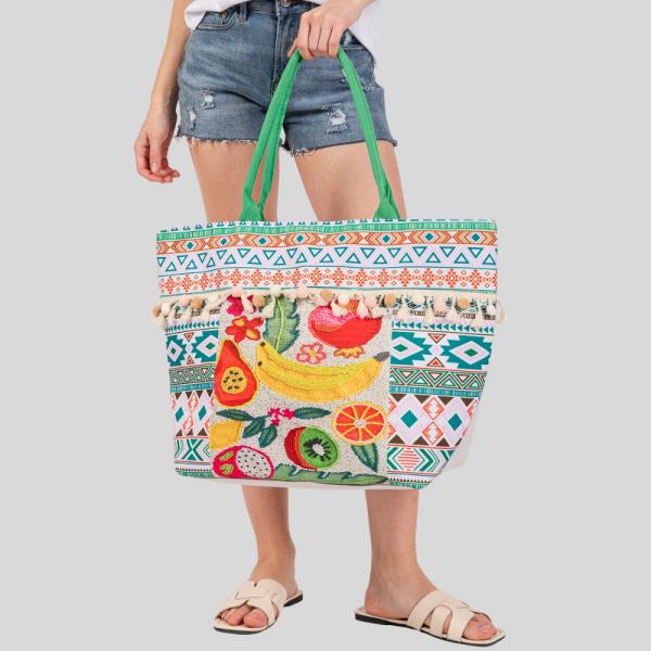 FRUITS BOHO PRINT POMPOM FRINGE TOTE BAG