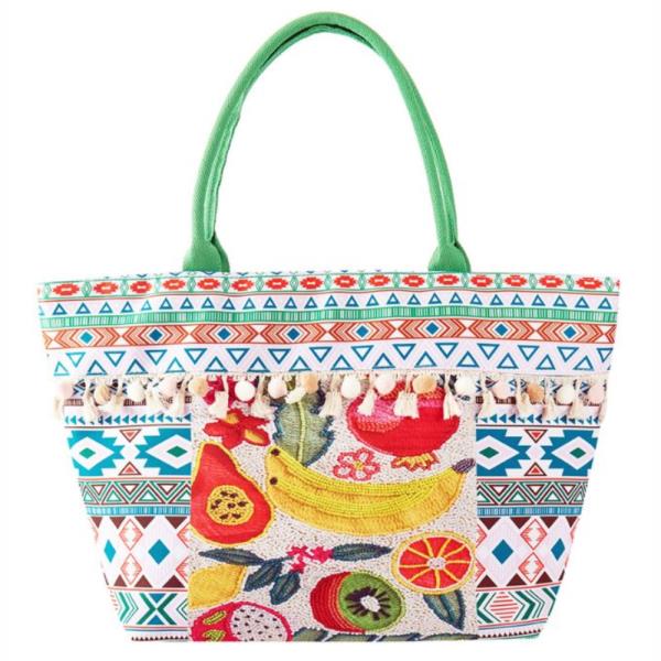 FRUITS BOHO PRINT POMPOM FRINGE TOTE BAG