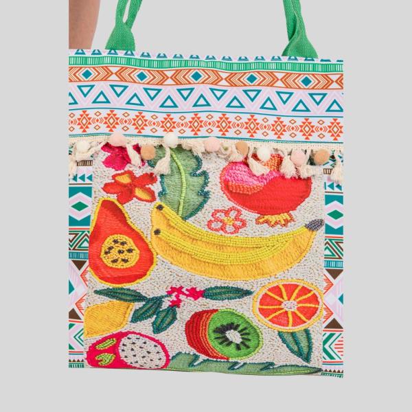 FRUITS BOHO PRINT POMPOM FRINGE TOTE BAG