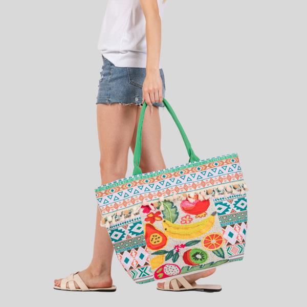 FRUITS BOHO PRINT POMPOM FRINGE TOTE BAG