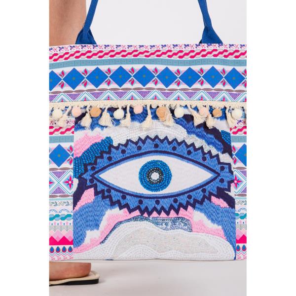 (ONLINE ONLY) EVIL EYE BOHO PRINT POMPOM FRINGE TOTE BAG