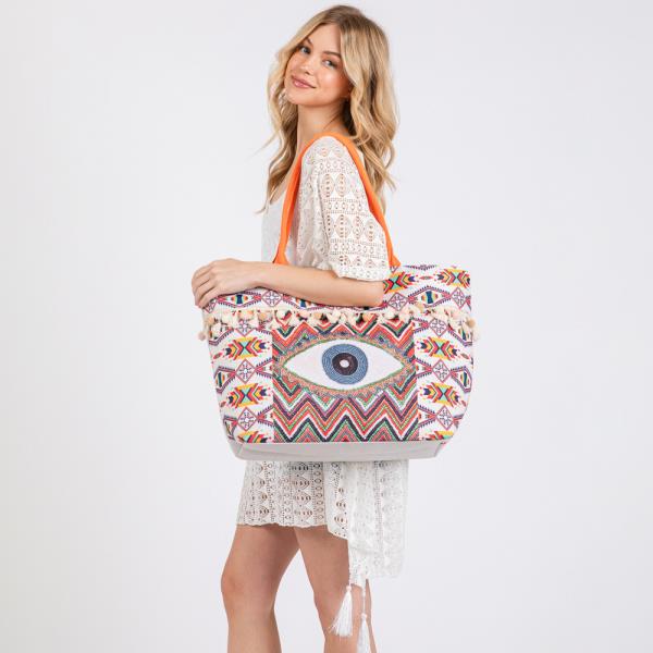 (ONLINE ONLY) EVIL EYE BOHO PRINT POMPOM FRINGE TOTE BAG