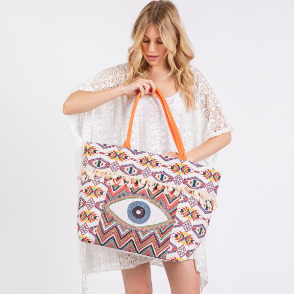 (ONLINE ONLY) EVIL EYE BOHO PRINT POMPOM FRINGE TOTE BAG