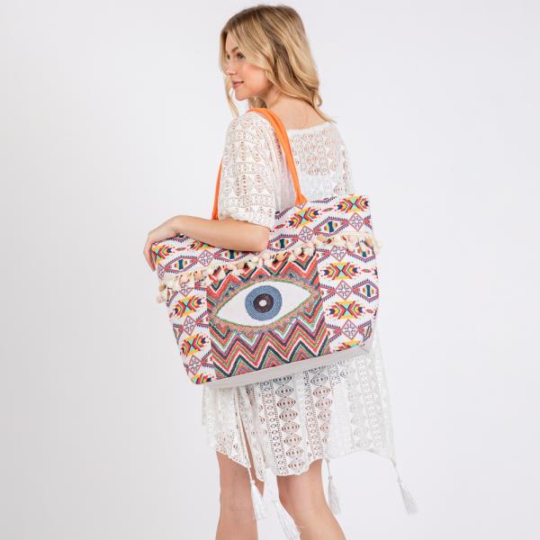 (ONLINE ONLY) EVIL EYE BOHO PRINT POMPOM FRINGE TOTE BAG