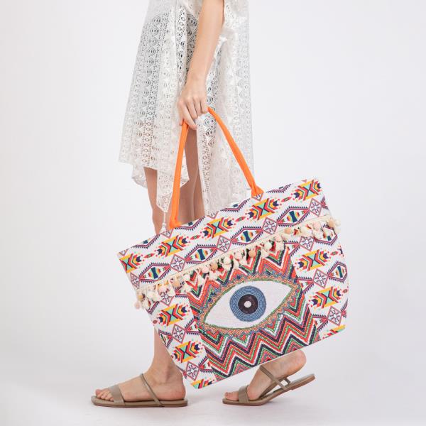 (ONLINE ONLY) EVIL EYE BOHO PRINT POMPOM FRINGE TOTE BAG